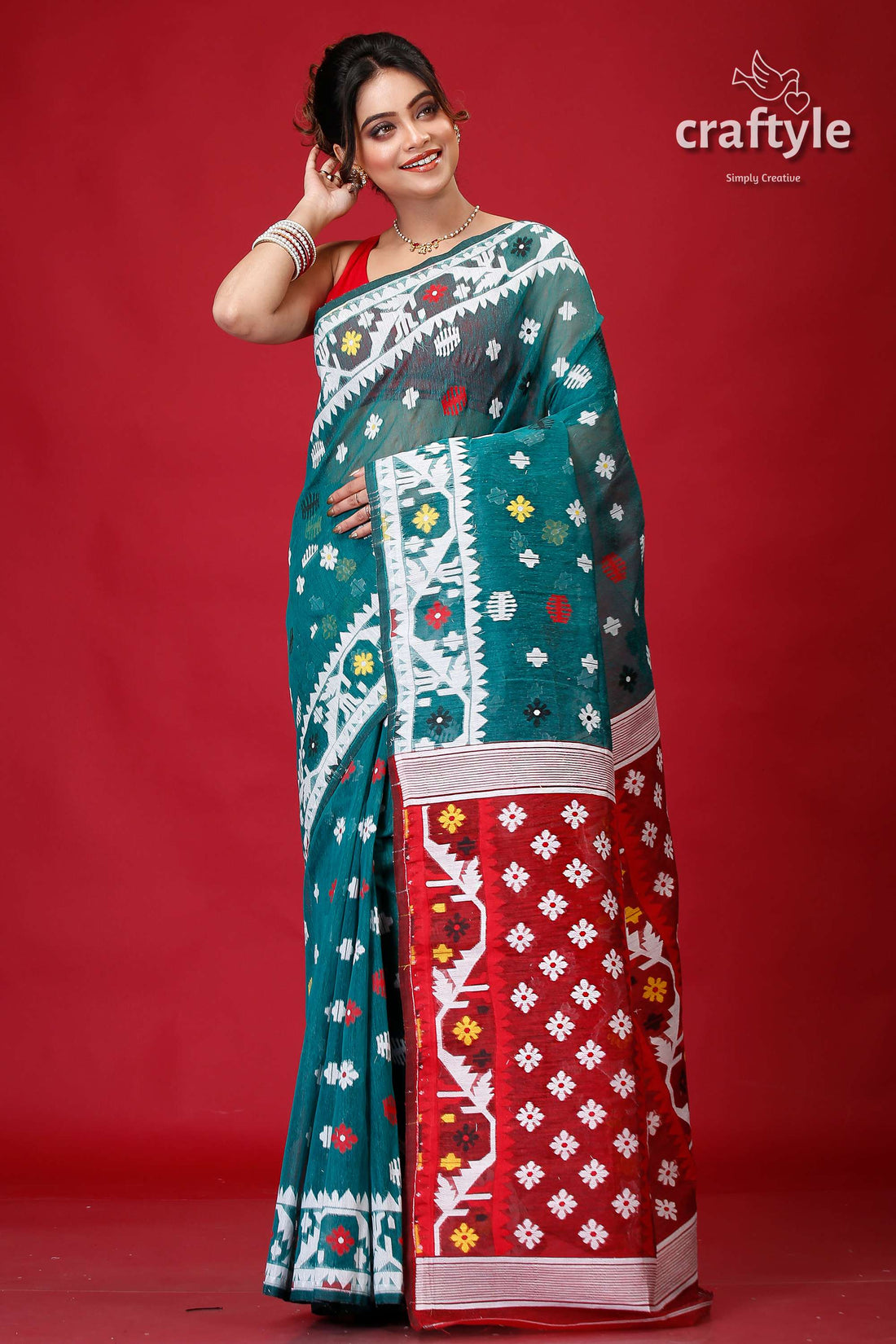 Viridian Green Finest Dhakai Jamdani Saree-Craftyle