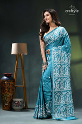 Viridian green gujrati stitch exquisite silk saree for women teal blue saree white paisley 3