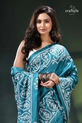 Viridian green gujrati stitch exquisite silk saree for women teal white bandhani saree intricate 2