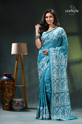 Viridian green gujrati stitch exquisite silk saree for women teal silver bandhani saree intricate 6