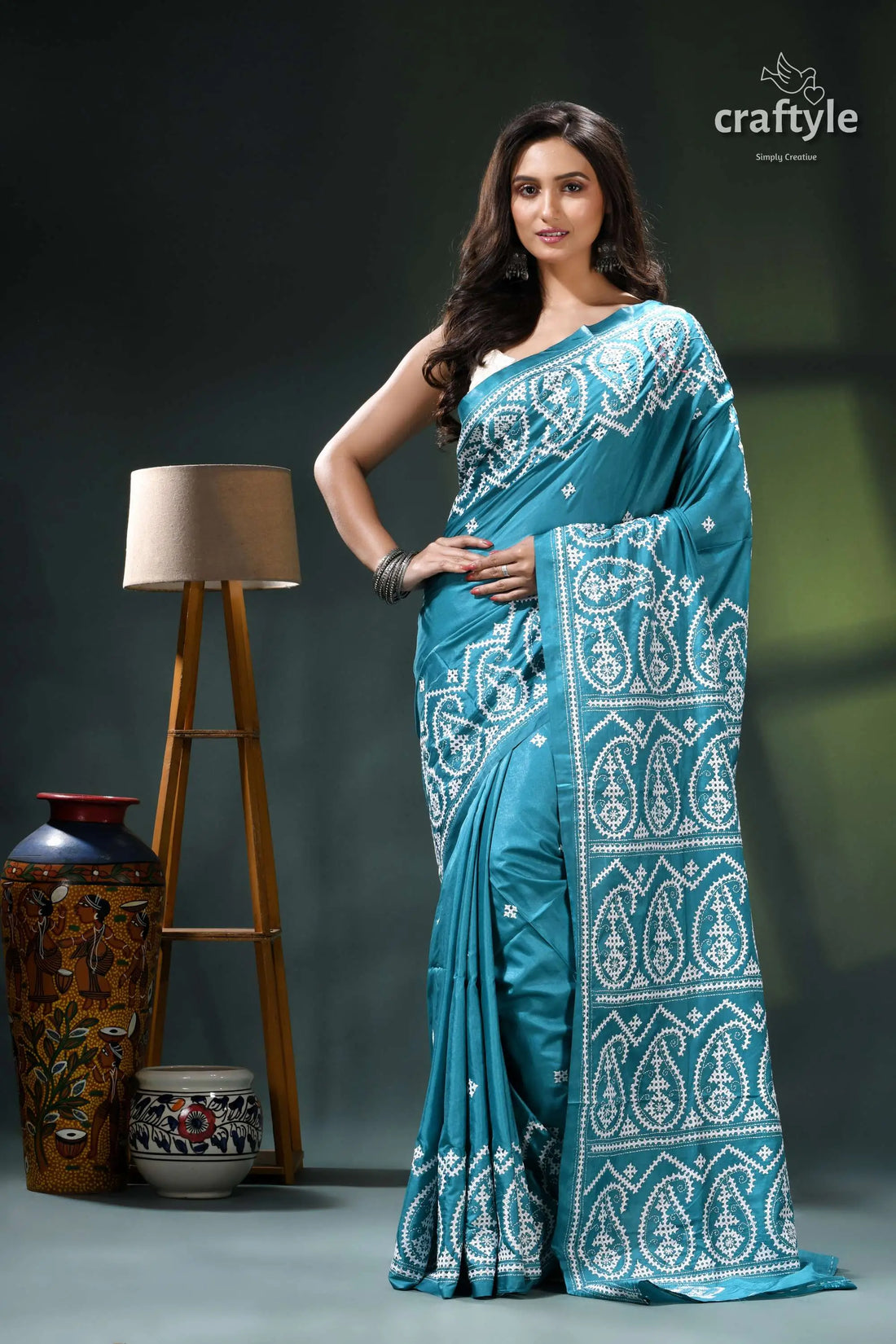 Viridian green gujrati stitch exquisite silk saree for women teal blue saree white paisley 1