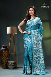 Viridian green gujrati stitch exquisite silk saree for women teal blue saree white paisley 1