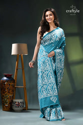 Viridian green gujrati stitch exquisite silk saree for women teal white paisley print saree 4