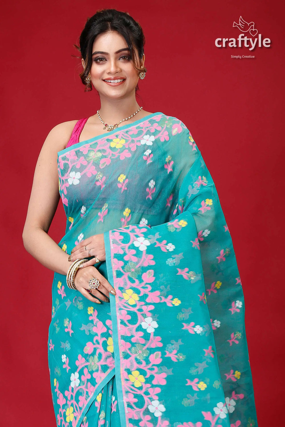 Viridian green traditional handloom jamdani sari floral-patterned turquoise saree 2