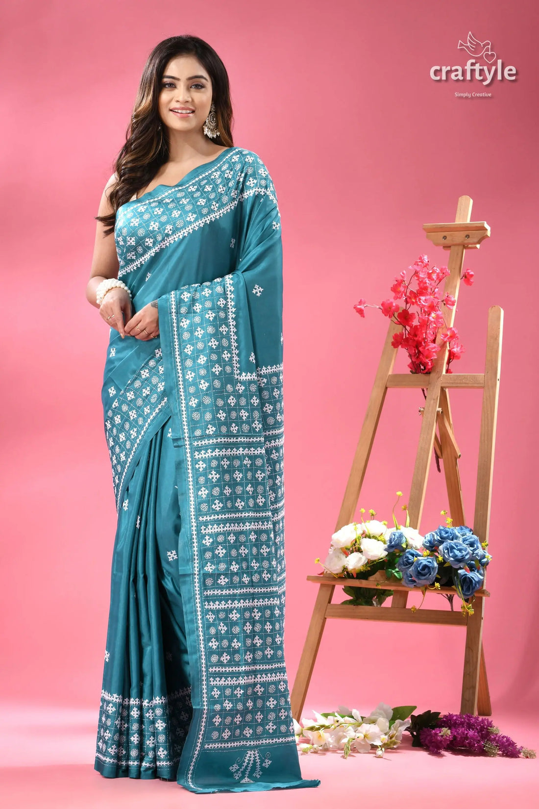 Viridian green white thread gujrati stitched saree teal blue silk saree intricate 1