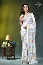 Vista white baul motif bengal heritage silk kantha saree white sari adorned colorful floral 7