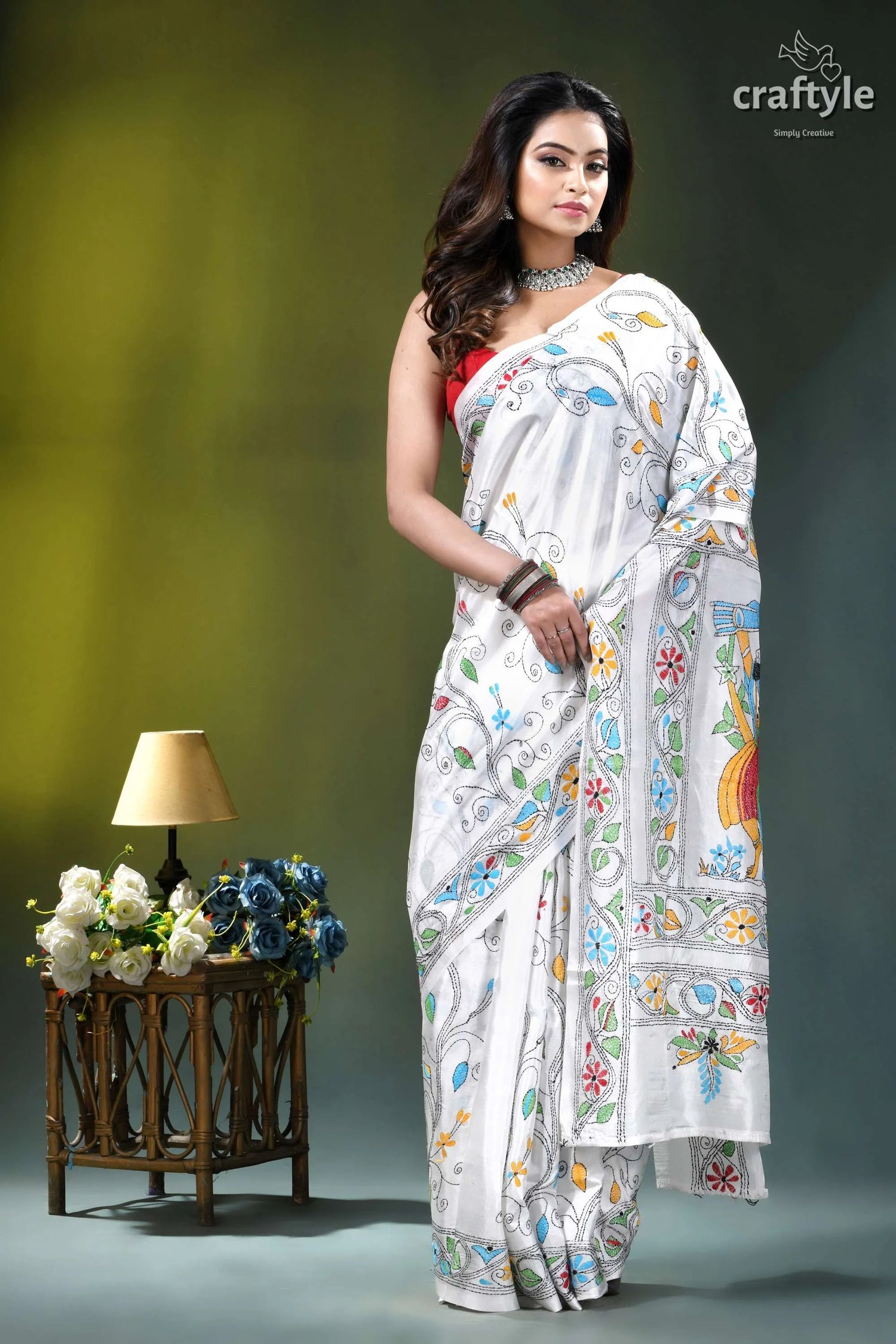 Vista white baul motif bengal heritage silk kantha saree white saree intricate colorful floral 4