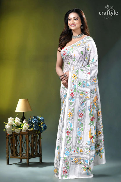 Vista white baul motif bengal heritage silk kantha saree white silk saree adorned intricate 3