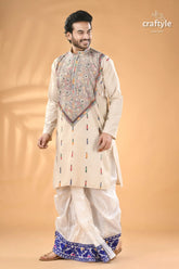 Vista white kantha embroidery mens cotton kurta reverse stitch men’s cream colored kurta intricate embroidery 3