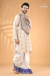 Vista white kantha embroidery mens cotton kurta reverse stitch men’s embroidered beige kurta white 4