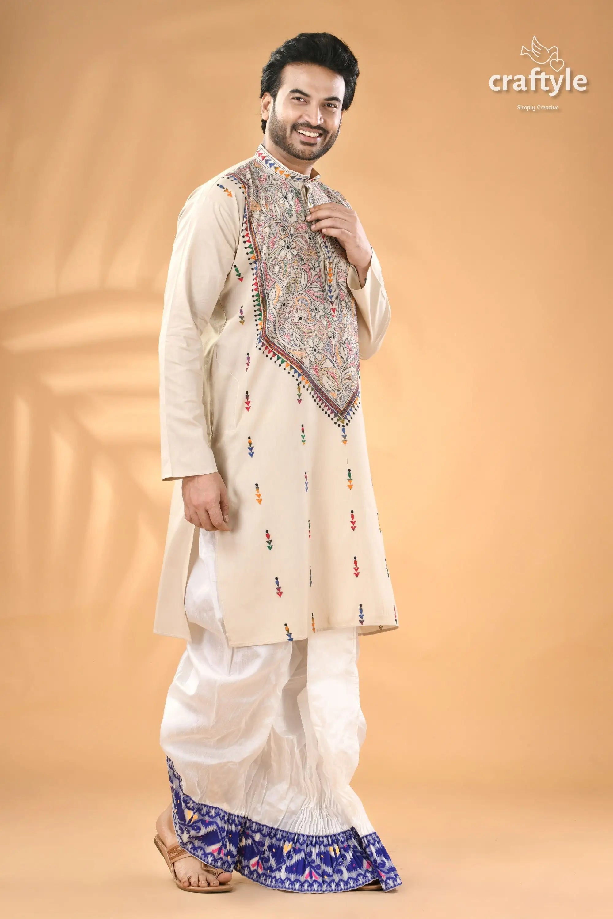 Vista white kantha embroidery mens cotton kurta reverse stitch men’s embroidered beige kurta white 4