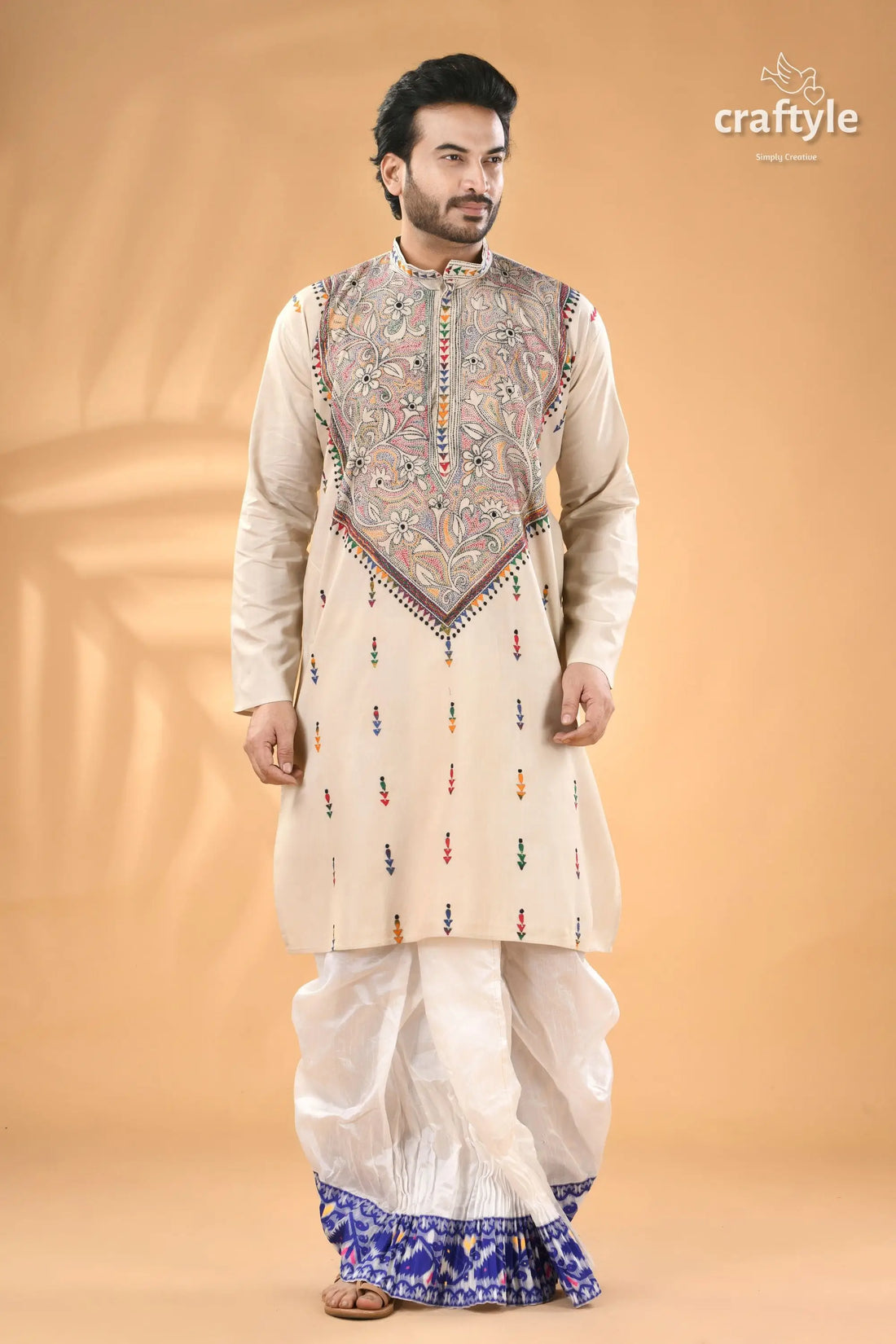 Vista white kantha embroidery mens cotton kurta reverse stitch men’s beige kurta intricate embroidery 1