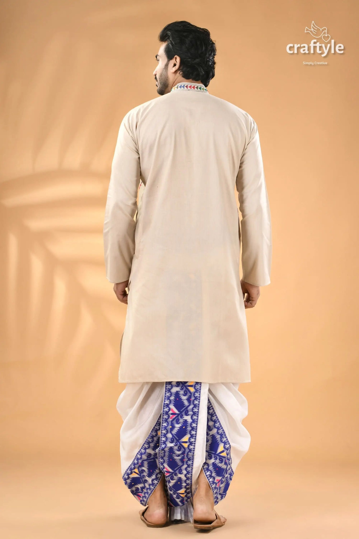 Vista white kantha embroidery mens cotton kurta reverse stitch men’s beige kurta colorful embroidered 6
