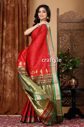 Vivid burgundy and green zari border bomkai silk saree red gold saree 4