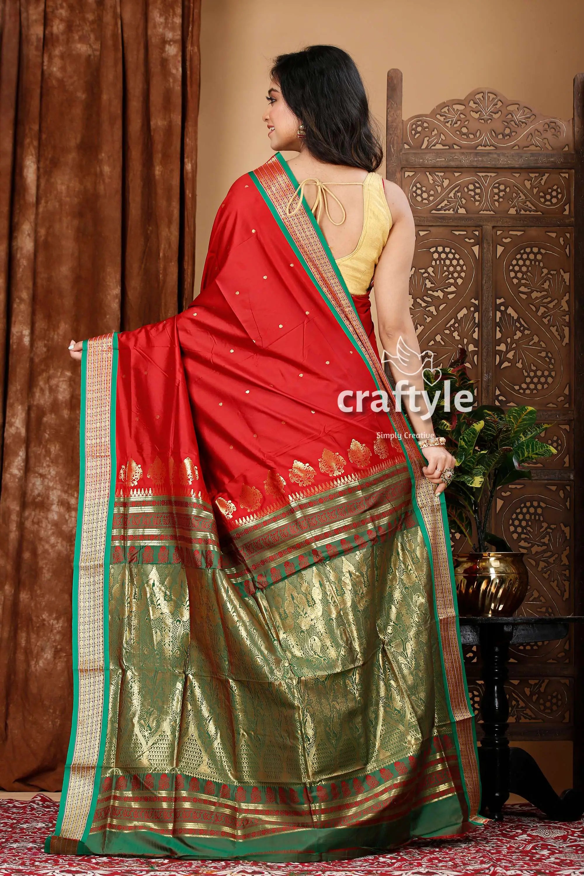 Vivid burgundy and green zari border bomkai silk saree red gold saree 5