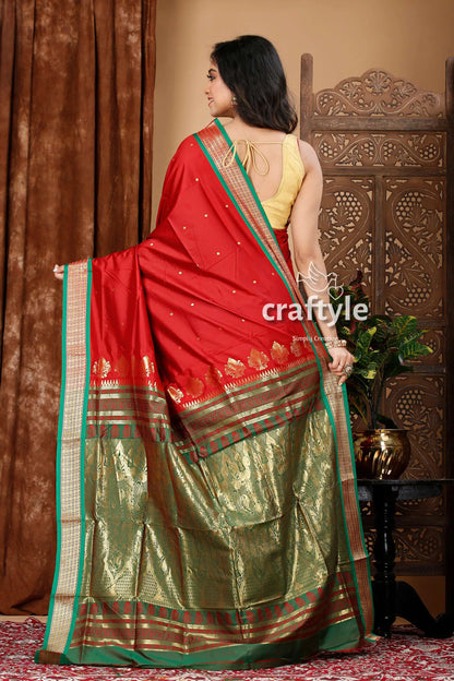 Vivid burgundy and green zari border bomkai silk saree red gold saree 5