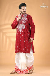 Vivid burgundy hand kantha embroidered mens cotton kurta men’s traditional indian attire maroon 4