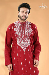 Vivid burgundy hand kantha embroidered mens cotton kurta men’s red embroidered cotton kurta 2
