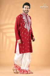 Vivid burgundy hand kantha embroidered mens cotton kurta men’s red embroidered kurta white 3