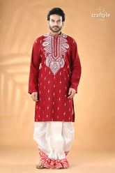 Vivid burgundy hand kantha embroidered mens cotton kurta men’s red embroidered kurta white 5