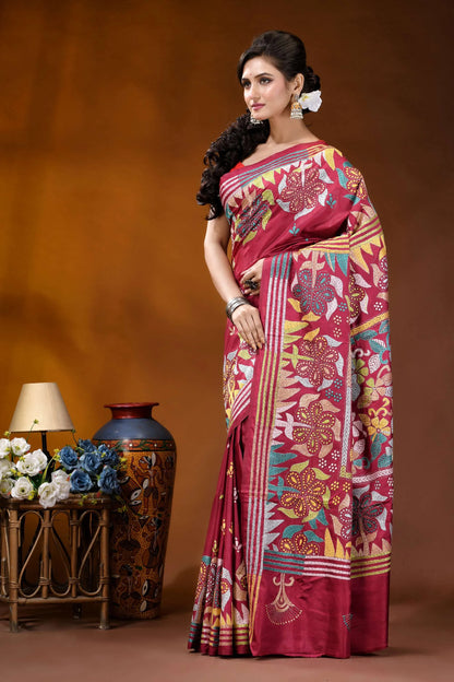 Vivid burgundy handmade silk kantha work saree - multithread floral design vibrant maroon silk saree adorned 3