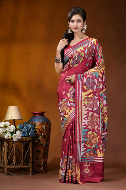 Vivid burgundy handmade silk kantha work saree - multithread floral design vibrant maroon saree adorned intricate 1