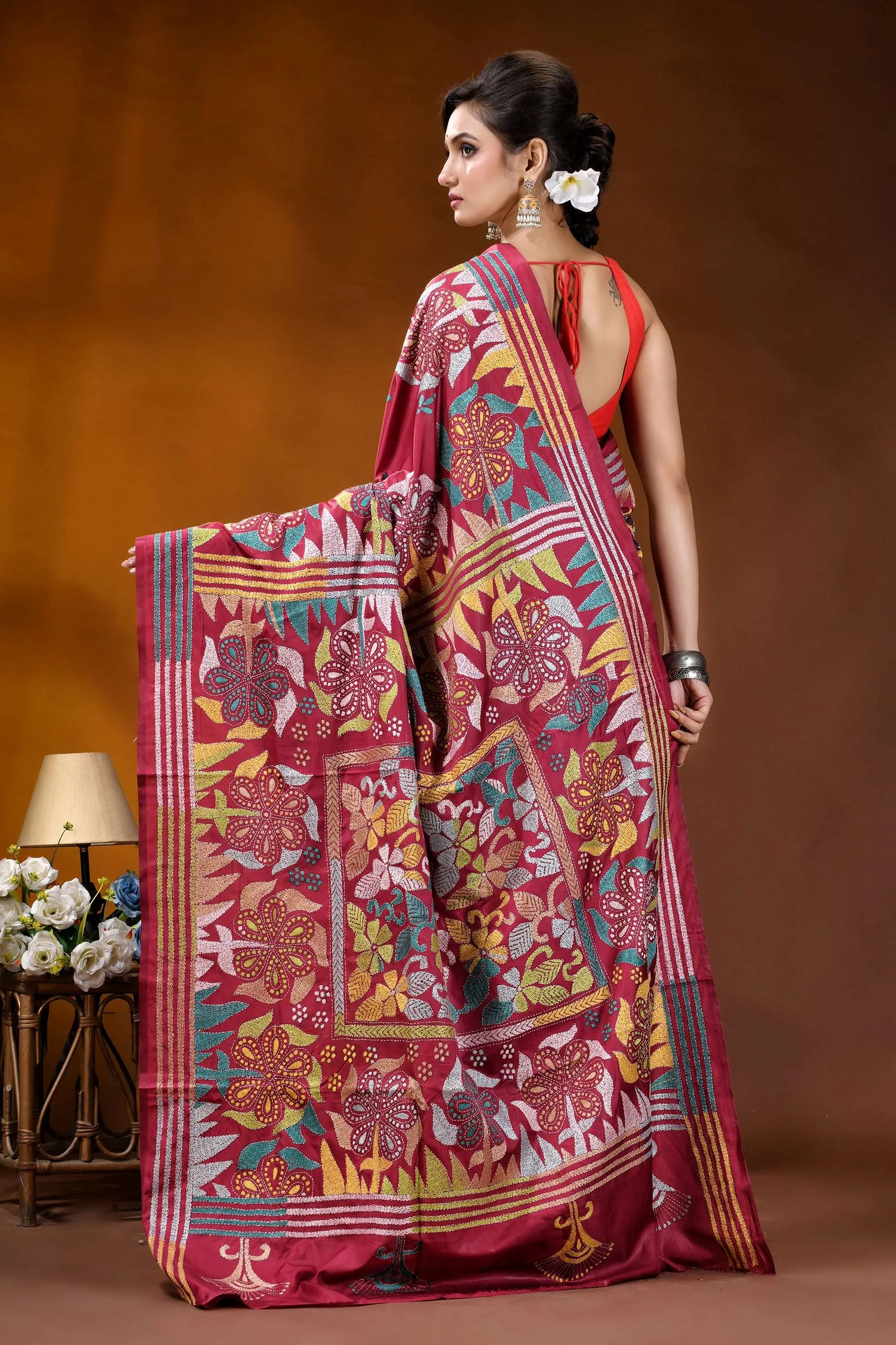 Vivid burgundy handmade silk kantha work saree - multithread floral design rich maroon silk saree adorned 5