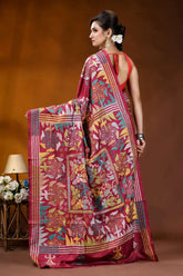 Vivid burgundy handmade silk kantha work saree - multithread floral design rich maroon silk saree adorned 5