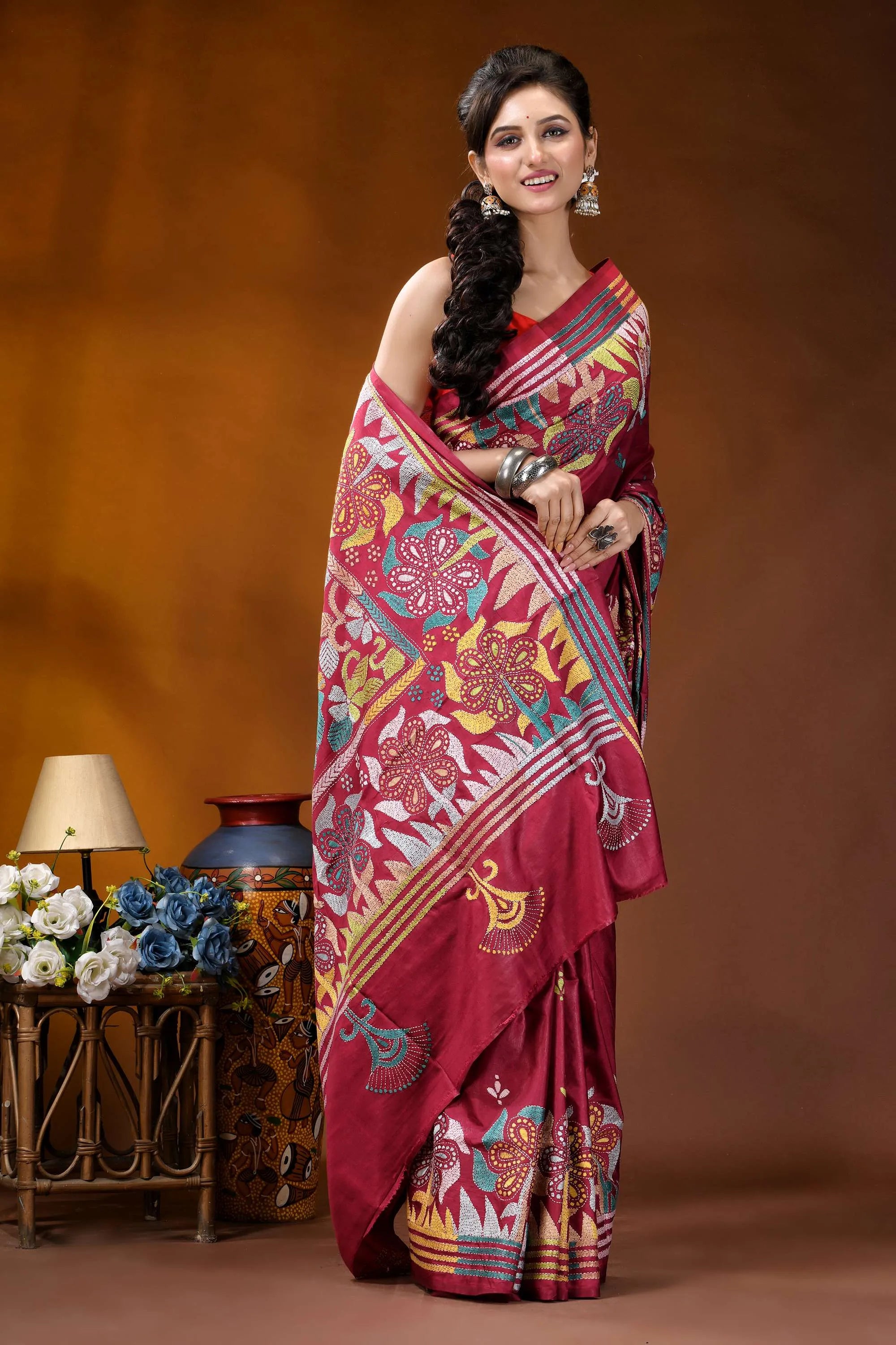 Vivid burgundy handmade silk kantha work saree - multithread floral design maroon silk saree adorned intricate 4