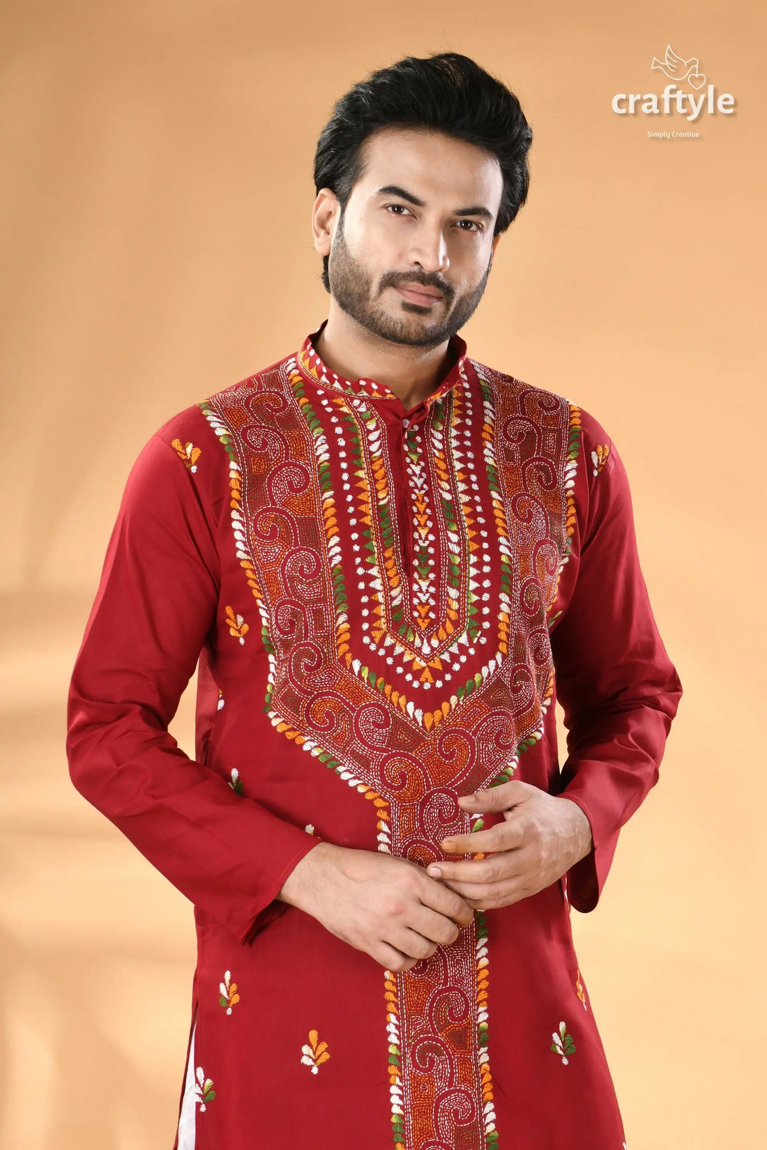 Vivid burgundy kantha stitch cotton panjabi for men men’s red embroidered kurta 2