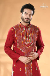Vivid burgundy kantha stitch cotton panjabi for men men’s red embroidered kurta 2