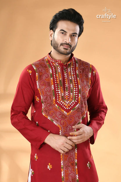 Vivid burgundy kantha stitch cotton panjabi for men men’s red embroidered kurta 2