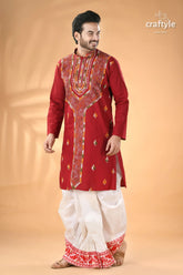 Vivid burgundy kantha stitch cotton panjabi for men men’s red embroidered kurta white 5
