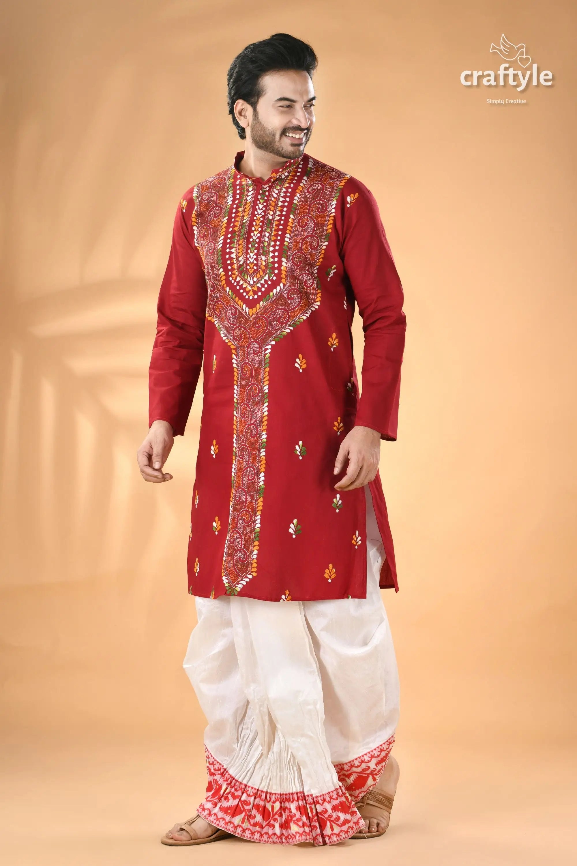 Vivid burgundy kantha stitch cotton panjabi for men men’s red embroidered kurta white 5