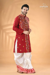 Vivid burgundy kantha stitch cotton panjabi for men men’s red embroidered kurta white 4