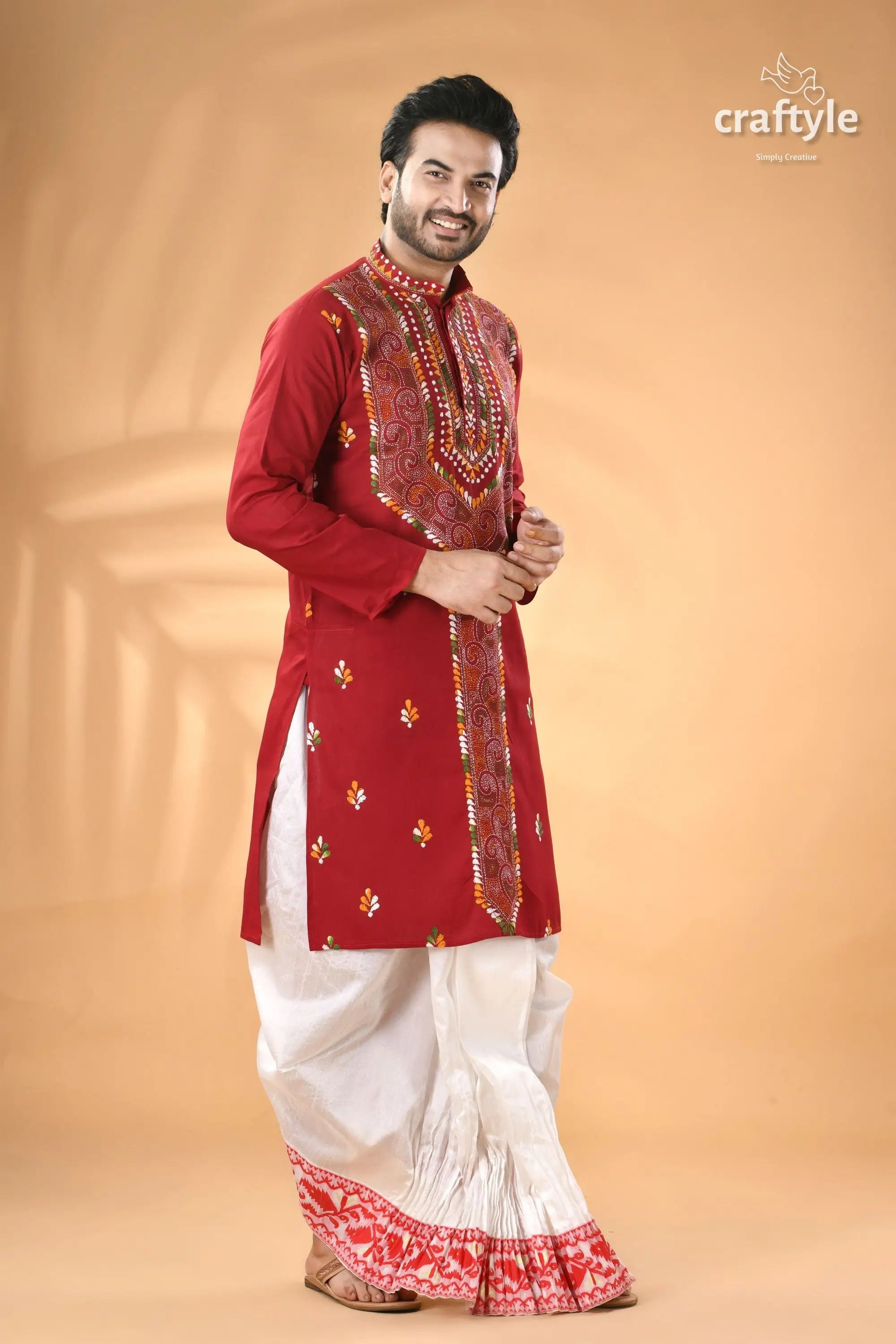 Vivid burgundy kantha stitch cotton panjabi for men men’s red embroidered kurta white 4