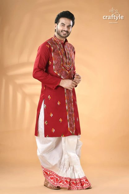Vivid burgundy kantha stitch cotton panjabi for men men’s red embroidered kurta white 4