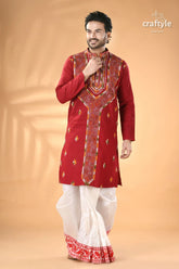 Vivid burgundy kantha stitch cotton panjabi for men maroon embroidered kurta white dhoti 3