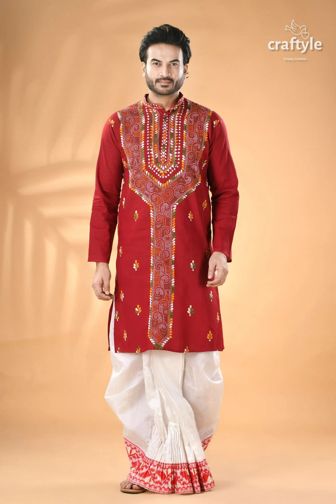 Vivid burgundy kantha stitch cotton panjabi for men men’s red embroidered kurta white 1
