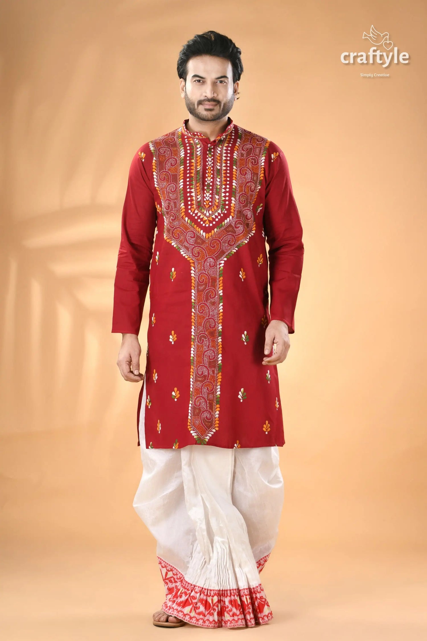 Vivid burgundy kantha stitch cotton panjabi for men men’s red embroidered kurta white 1