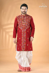 Vivid burgundy kantha stitch cotton panjabi for men men’s red embroidered kurta white 1