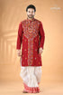 Vivid burgundy kantha stitch cotton panjabi for men men’s red embroidered kurta white 1