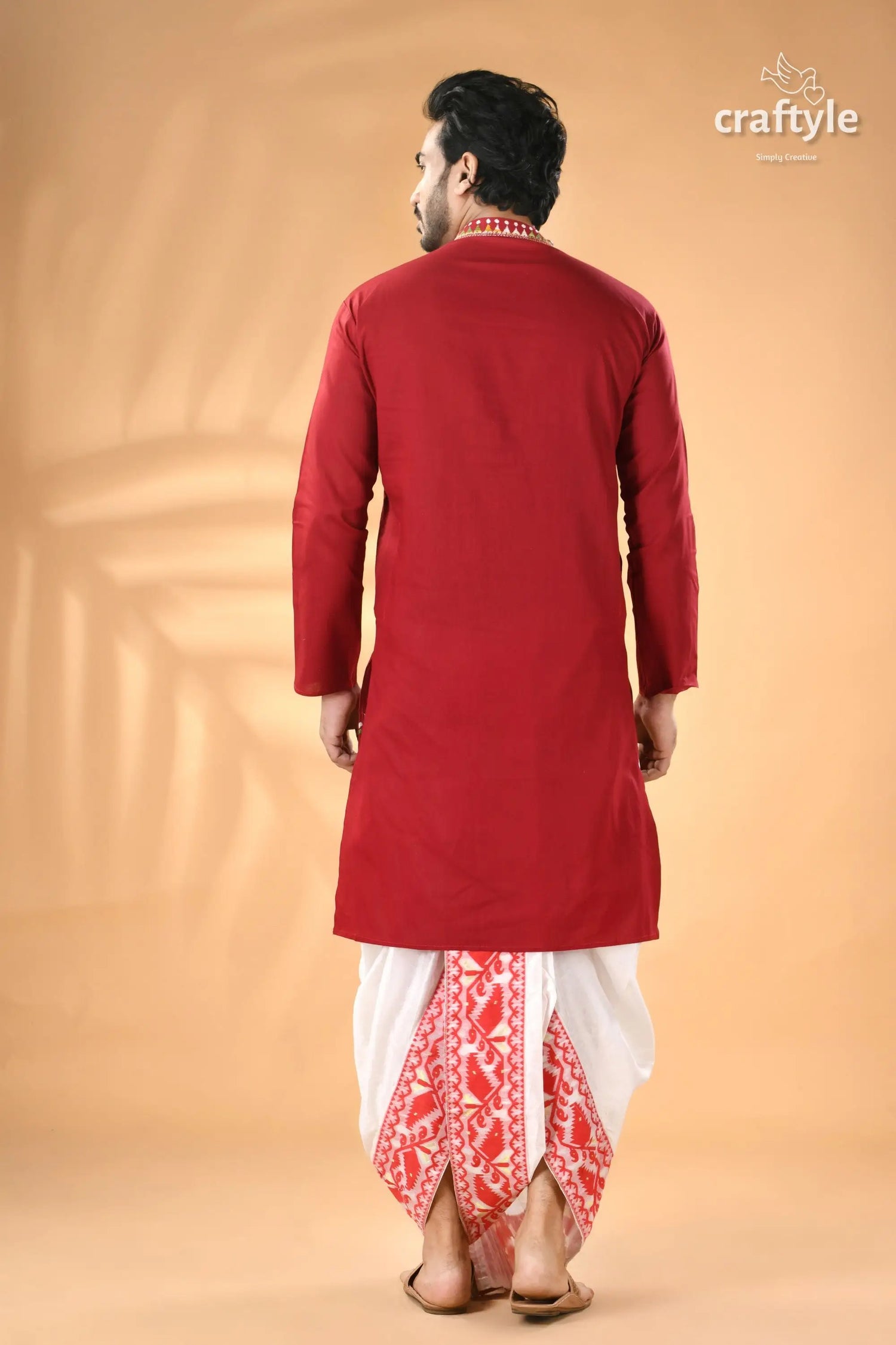 Vivid burgundy kantha stitch cotton panjabi for men men’s red kurta white patterned 6