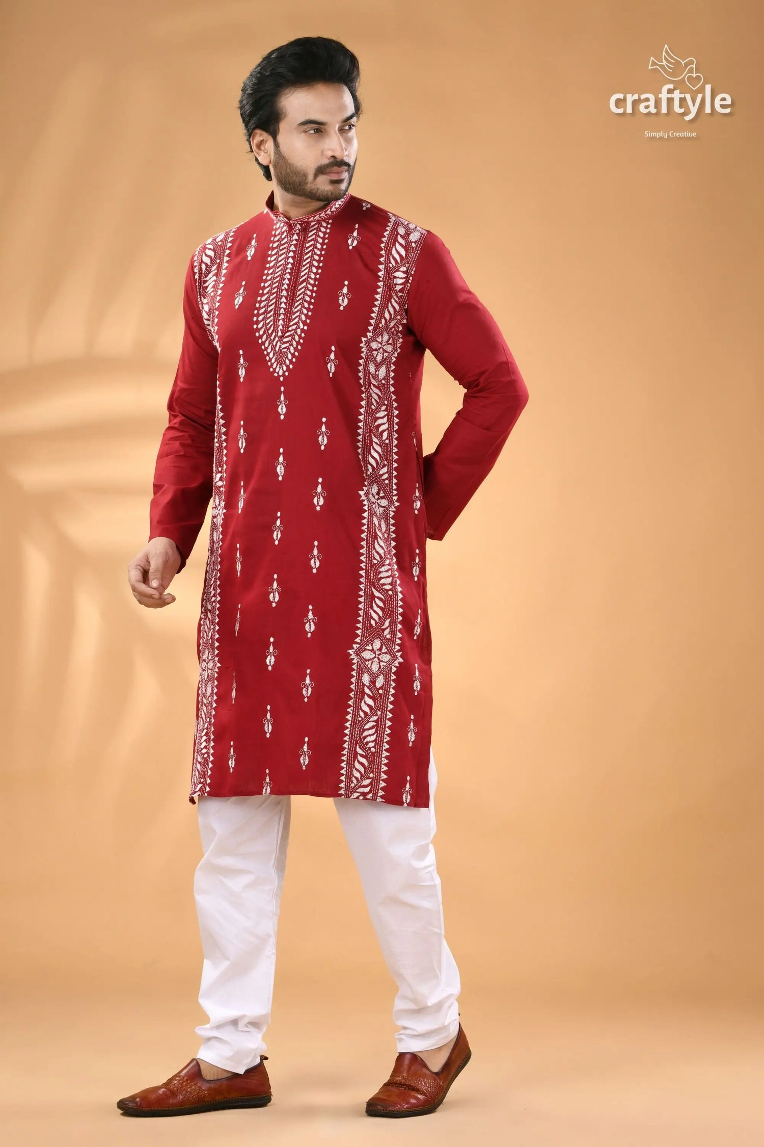 Vivid burgundy kantha work cotton mens kurta panjabi men’s red embroidered kurta white 4