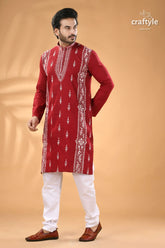 Vivid burgundy kantha work cotton mens kurta panjabi men’s red embroidered kurta white 4