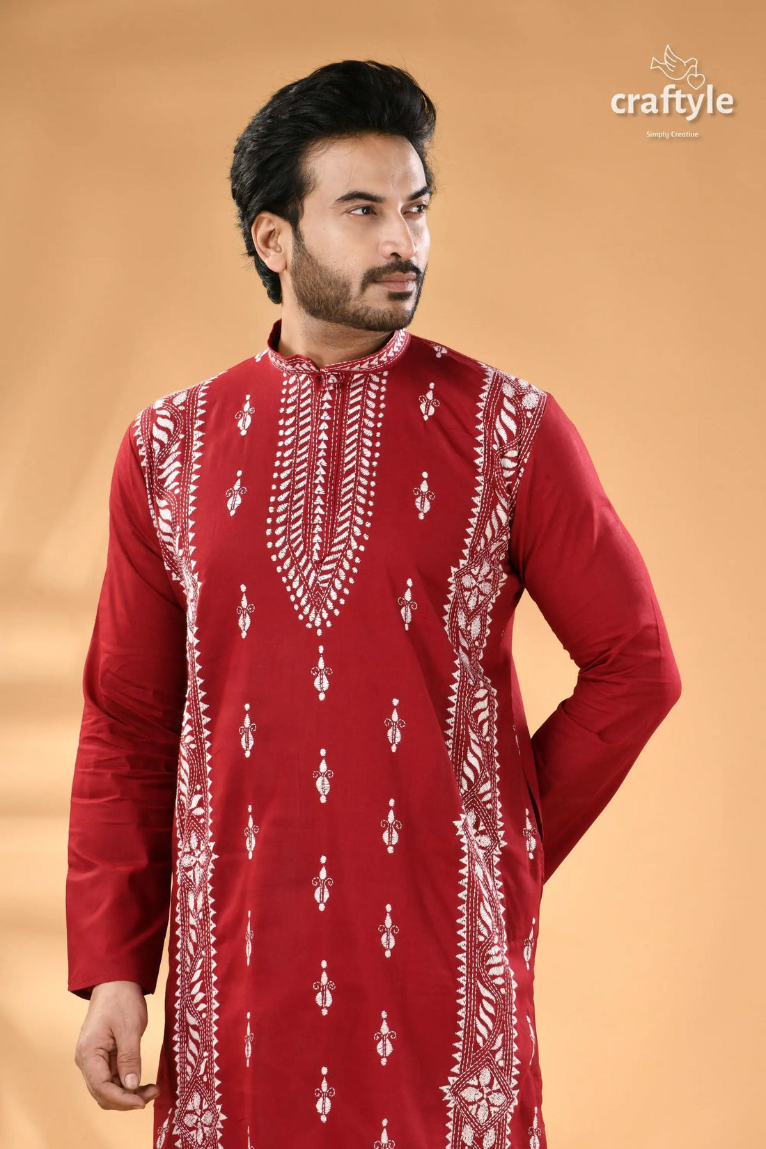 Vivid burgundy kantha work cotton mens kurta panjabi men’s red embroidered kurta band 2