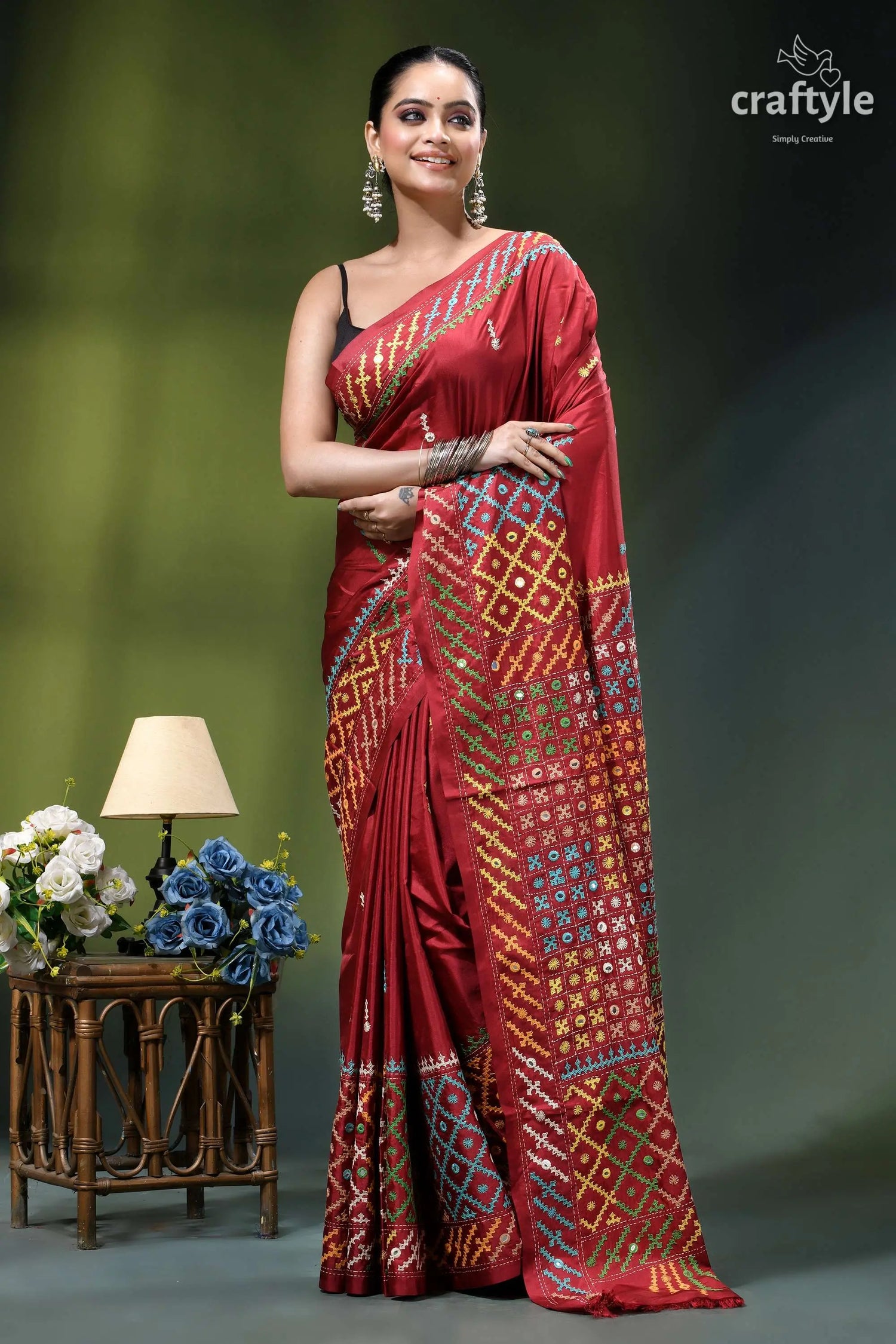 Vivid burgundy multicolor gujrati stitched silk saree - mirror work rich red silk saree adorned 5