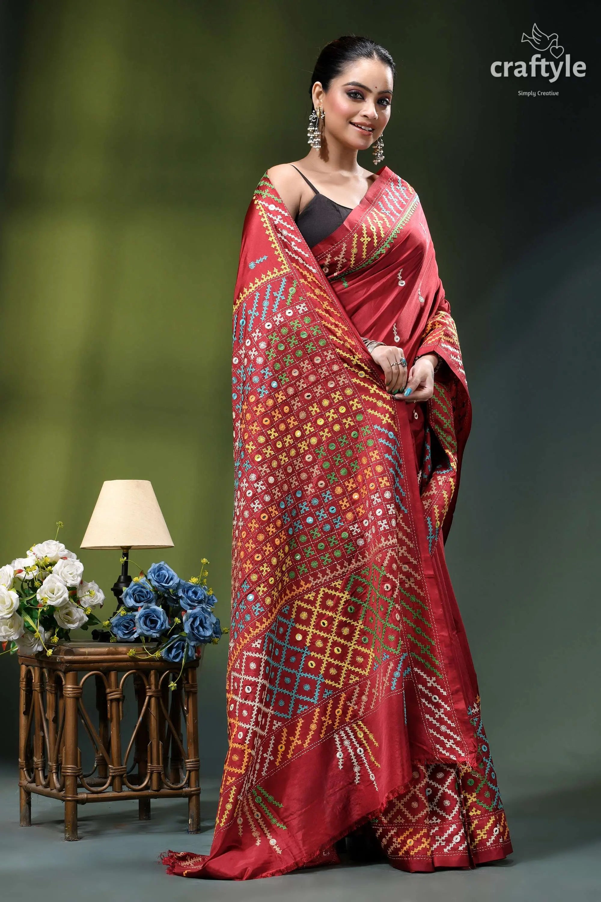 Vivid burgundy multicolor gujrati stitched silk saree - mirror work rich red silk saree adorned 3