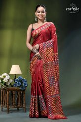 Vivid burgundy multicolor gujrati stitched silk saree - mirror work vibrant red saree intricate geometric 1