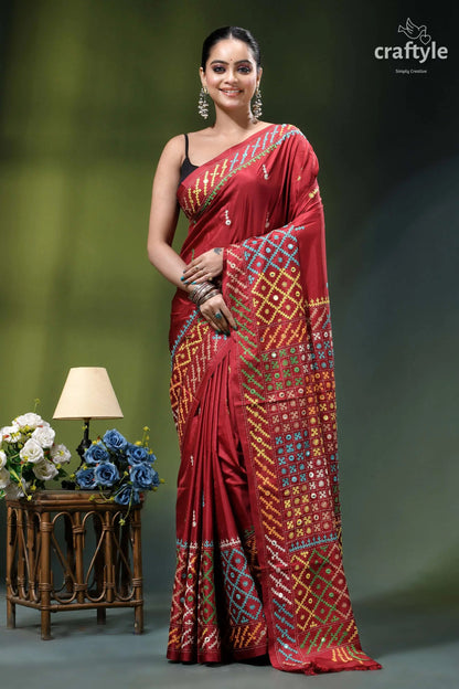 Vivid burgundy multicolor gujrati stitched silk saree - mirror work vibrant red saree intricate geometric 1